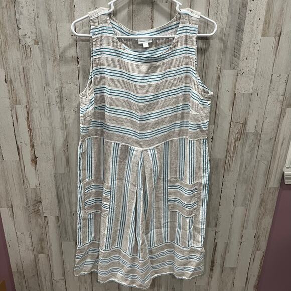 J Jill Love Linen Stripe A Line Knee Length Dress With Pockets Womens Size Large - Picture 1 of 7